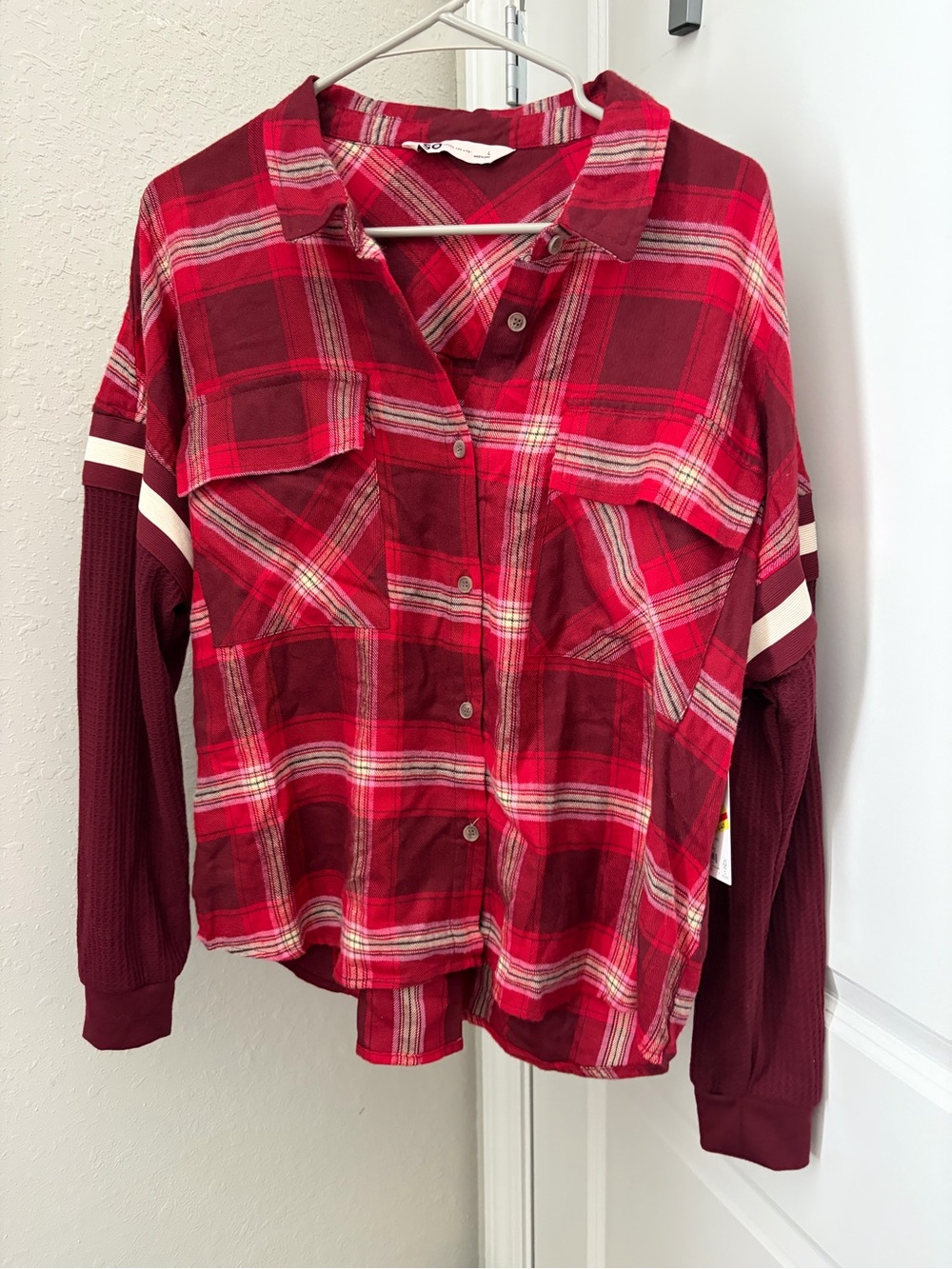 Red Plaid Button-Up Shirt with Maroon Waffle Knit Sleeves